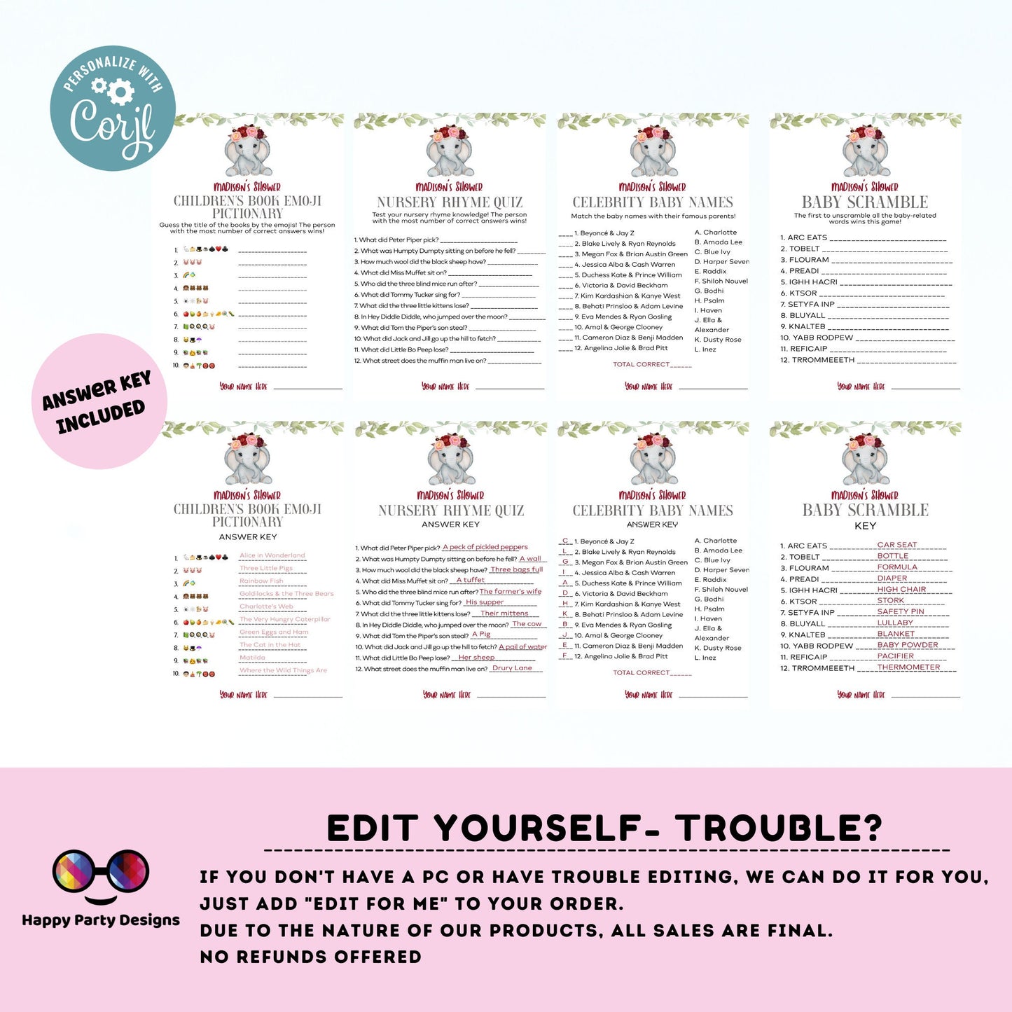 Editable elephant games bundle | elephant baby shower games | Baby girl | elephant shower |  burgundy baby shower games #B14