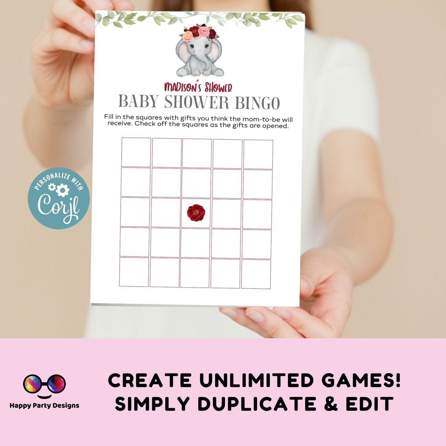 Editable elephant games bundle | elephant baby shower games | Baby girl | elephant shower |  burgundy baby shower games #B14