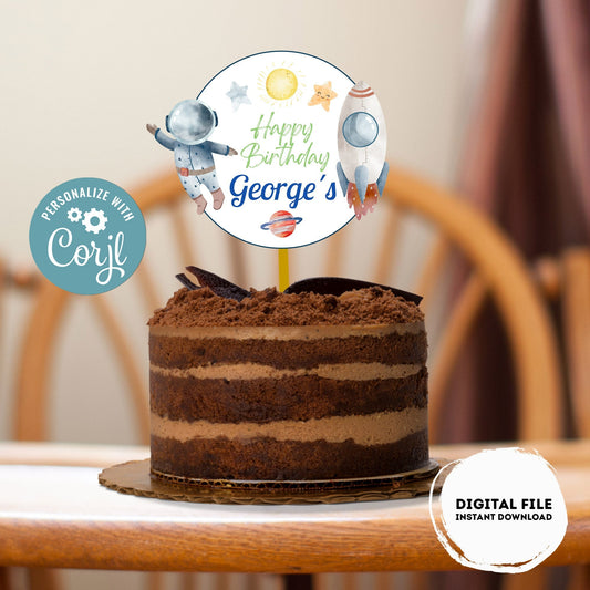 Editable First Trip Around the Sun Party Cake Topper |  Outer Space Party  Birthday Party Cake Topper  Astronaut Cake Topper Centerpiece #K5