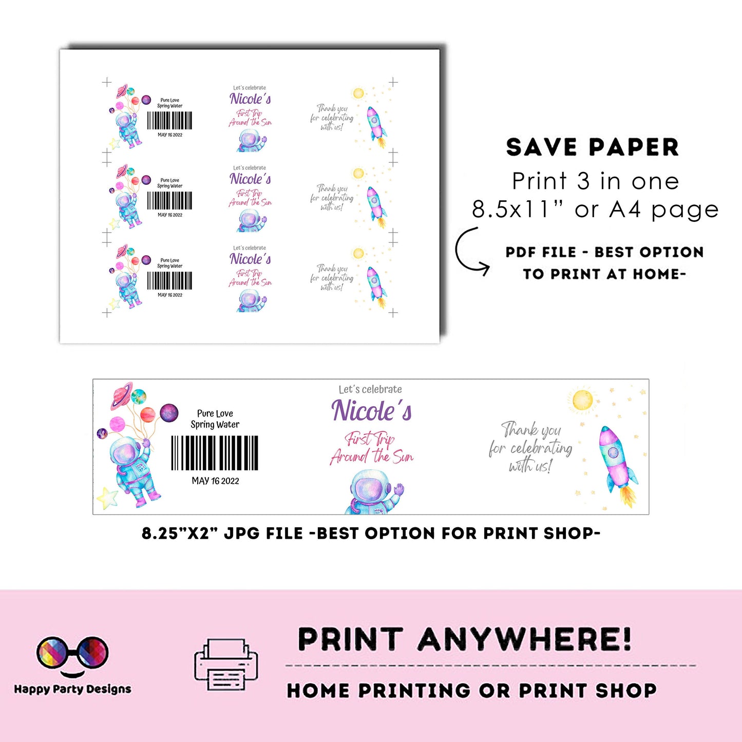 Editable First trip around the Sun party water bottle labels | digital labels |  printable OUter Space Party labels |  bottle labels #K57