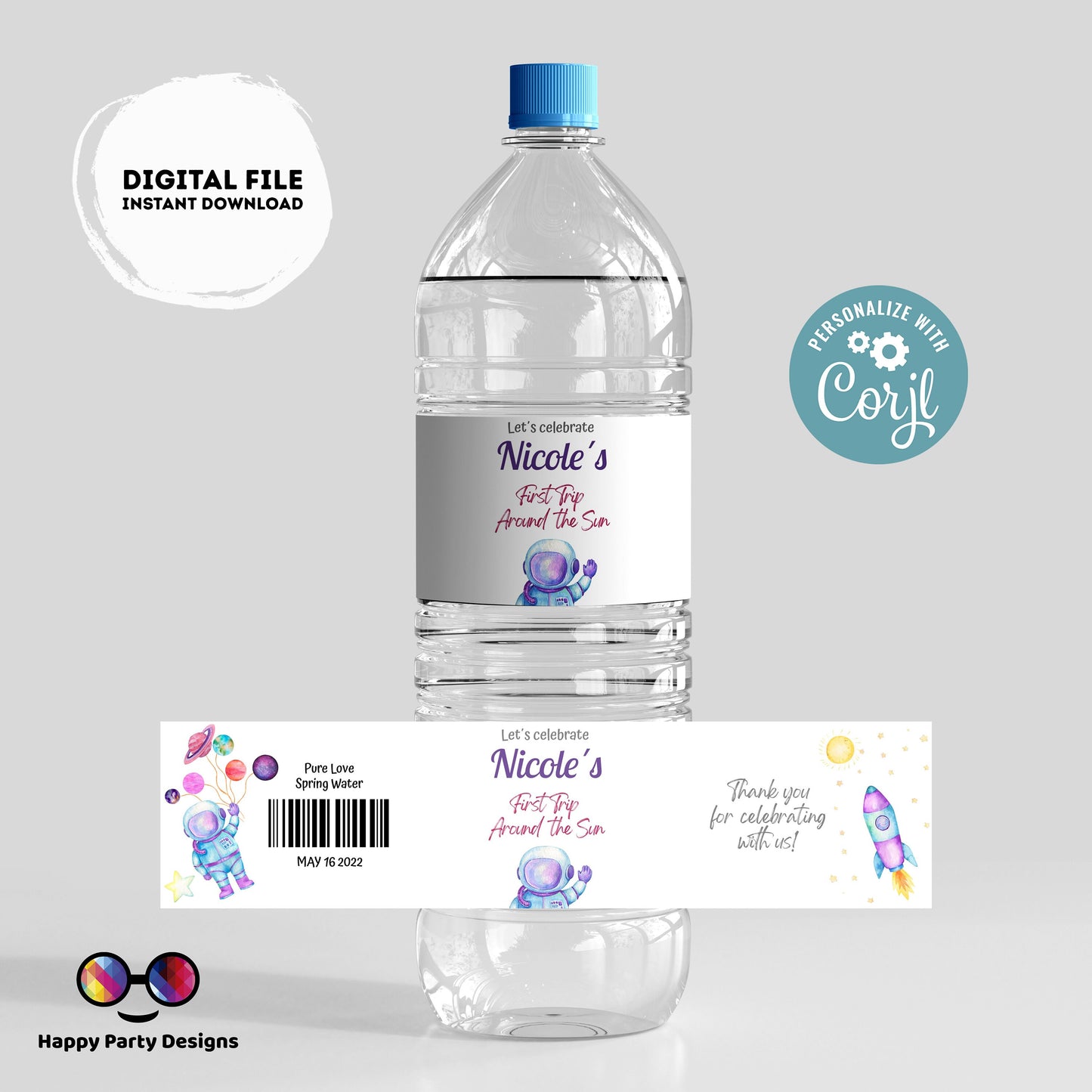 Editable First trip around the Sun party water bottle labels | digital labels |  printable OUter Space Party labels |  bottle labels #K57