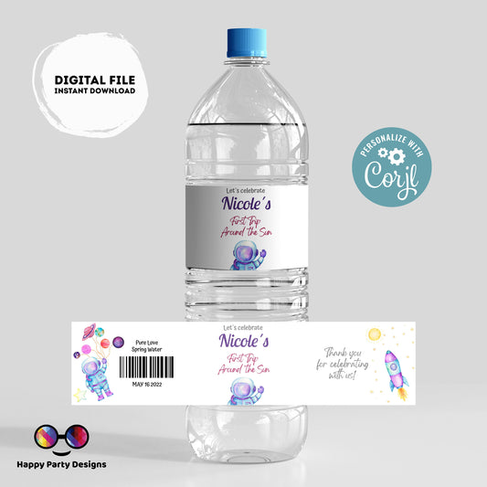 Editable First trip around the Sun party water bottle labels | digital labels |  printable OUter Space Party labels |  bottle labels #K57