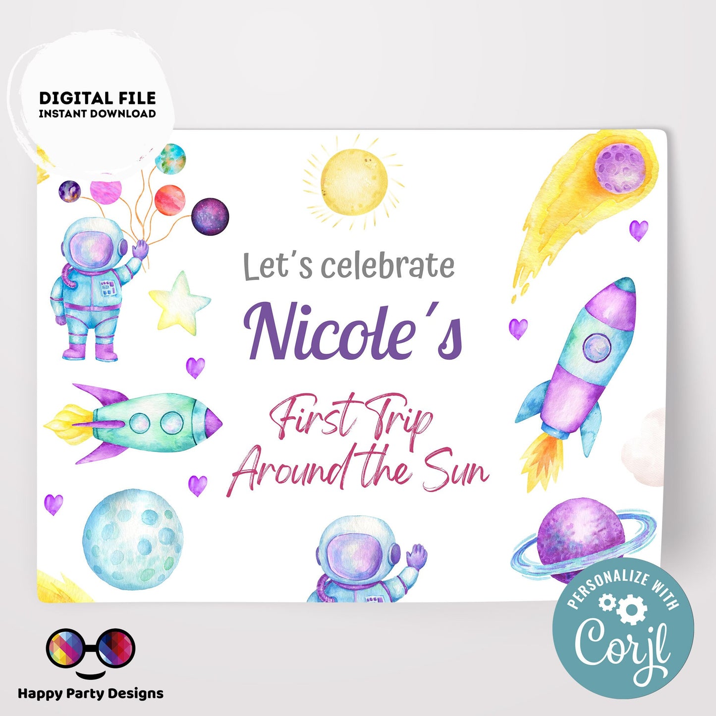 Editable First Trip Around the Sun party placemat | Outer Space Party printable placemat  | Astronaut party placemat Personalize Online #K57