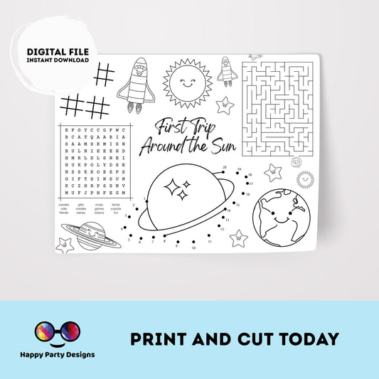 INSTANT DOWNLOAD First Trip Around the Sun party coloring page | Outer Space party Activity games | Astronaut Activity Page Placemat #K5