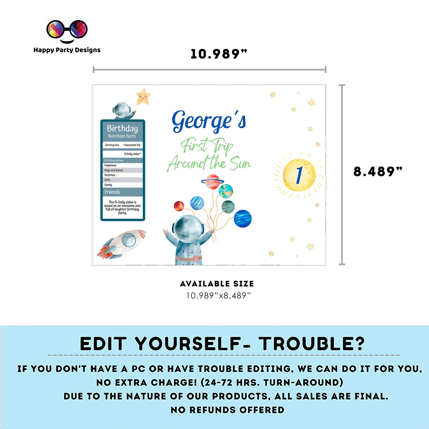 Editable First Trip Around the Sun Party Chip Bag | Digital Outer Space Pool Party printable Chip Bag Party Snack Astronaut Personalized #K5