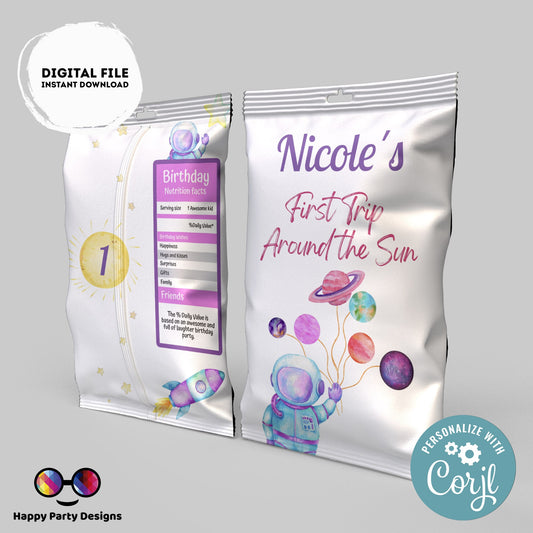 Editable First Trip Around the Sun Party Chip Bag | Digital Outer Space Party printable Chip Bag Party Snack | Astronaut Personalized #K57