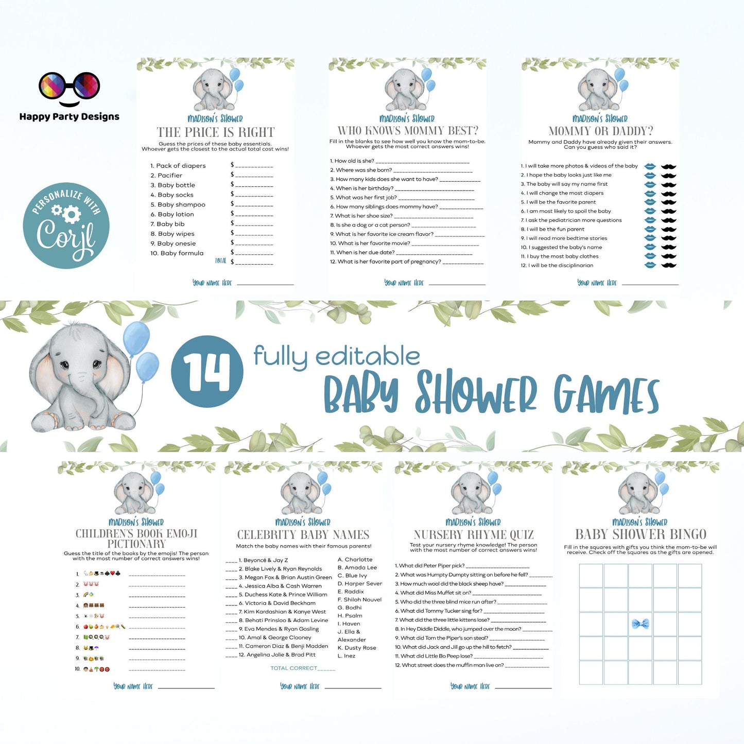 Editable elephant games bundle | elephant baby shower games | Baby boy | elephant shower |  blue baby shower games #B18
