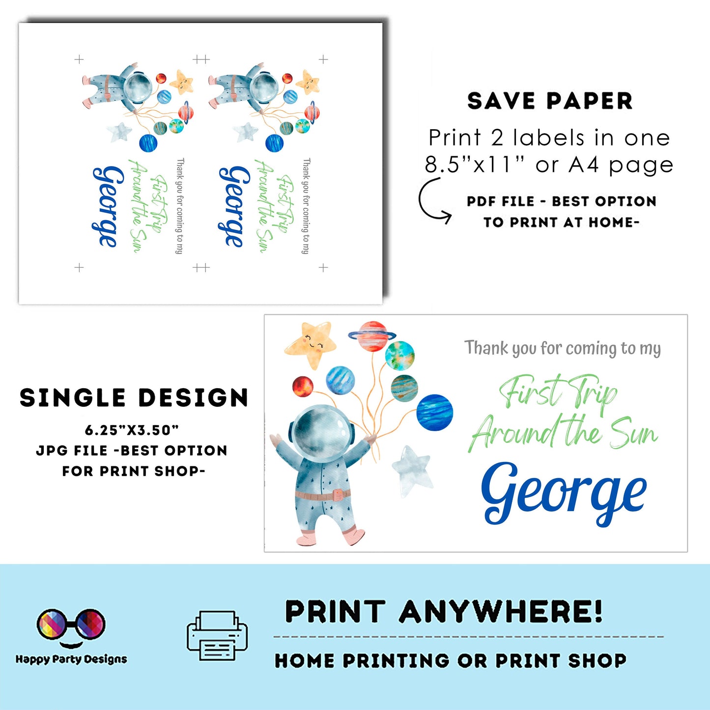 Editable First Trip Around the Sun Birthday Gift Box label | Outer Space favor box | Astronaut birthday party | Box to print  favors #K5