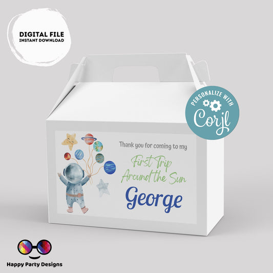 Editable First Trip Around the Sun Birthday Gift Box label | Outer Space favor box | Astronaut birthday party | Box to print  favors #K5