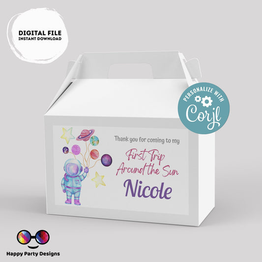 Editable First Trip Around the Sun Birthday Gift Box label | Outer Space favor box | Astronaut birthday party | Box to print  favors #K57