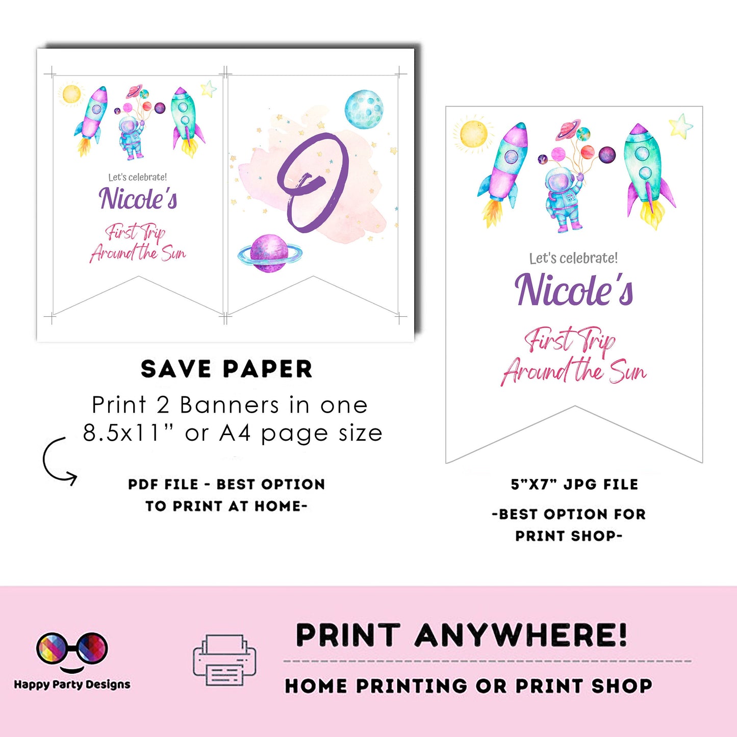 Editable First Trip Around the Sun Birthday Banner | Outer Space birthday | First Birthday banner Astronaut birthday party One banner #K57