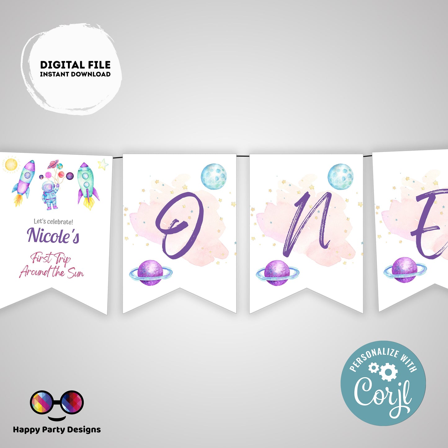 Editable First Trip Around the Sun Birthday Banner | Outer Space birthday | First Birthday banner Astronaut birthday party One banner #K57