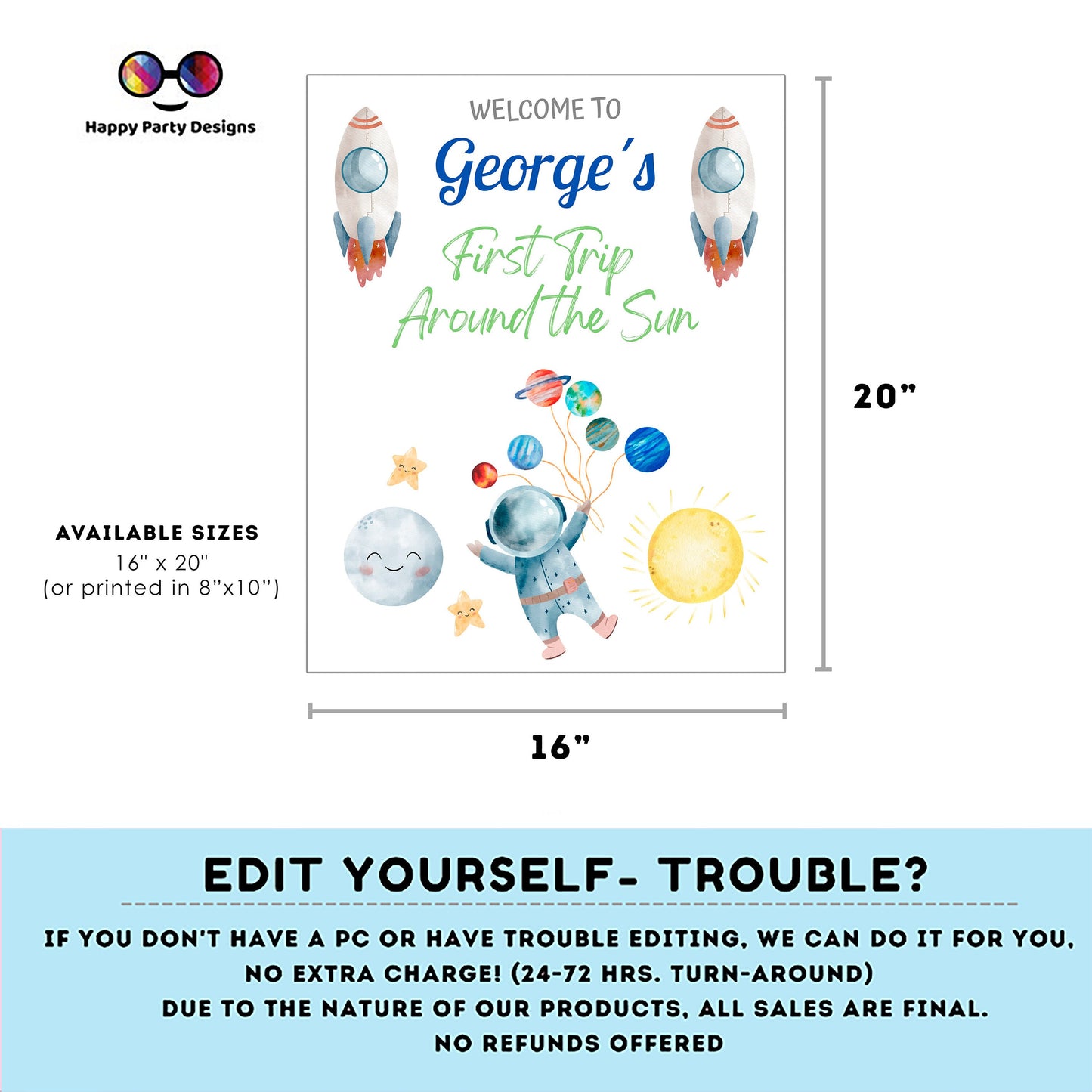 Editable First Trip Around the Sun  Welcome Sign | Outer Space birthday | Astronaut  birthday Decorations | First Year Welcome Sign | #K5