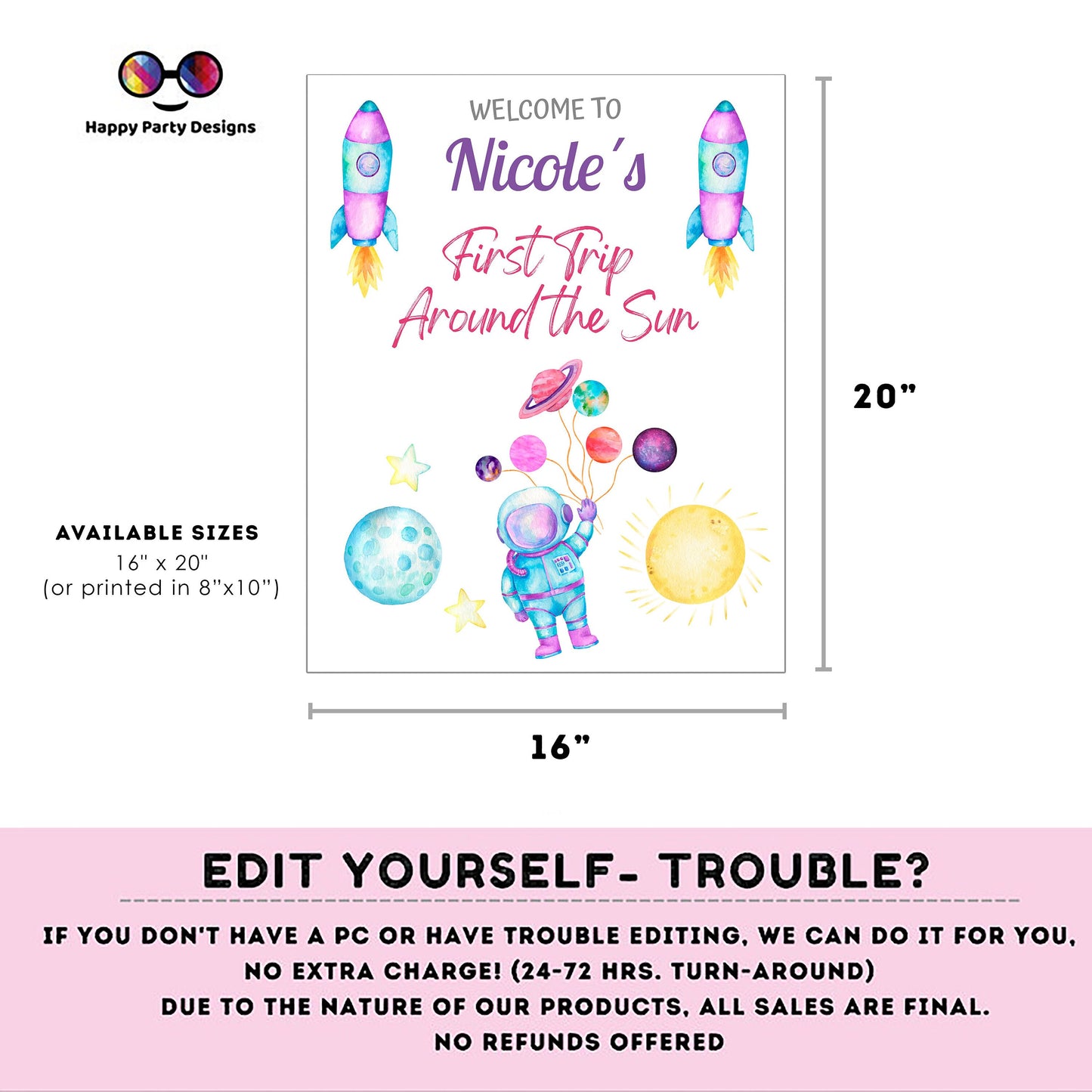 Editable First Trip Around the Sun  Welcome Sign | Outer Space birthday | Astronaut  birthday Decorations | First Year Welcome Sign | #K57