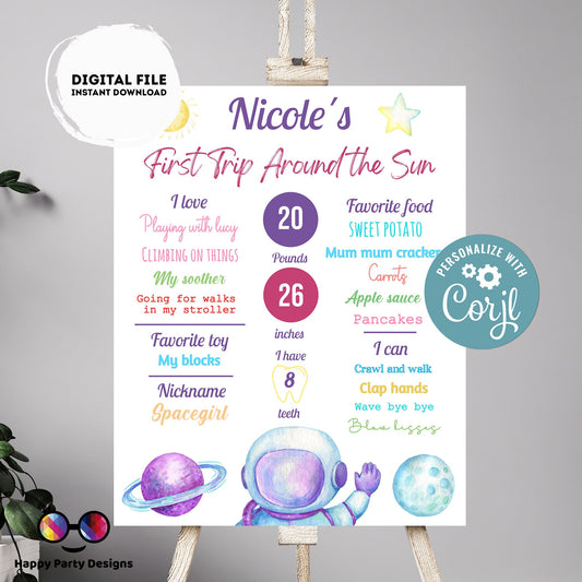 Editable milestone First Trip Around the Sun party Sign | Outer Space party birthday | Astronaut Decoration | birthday Printable poster #K57