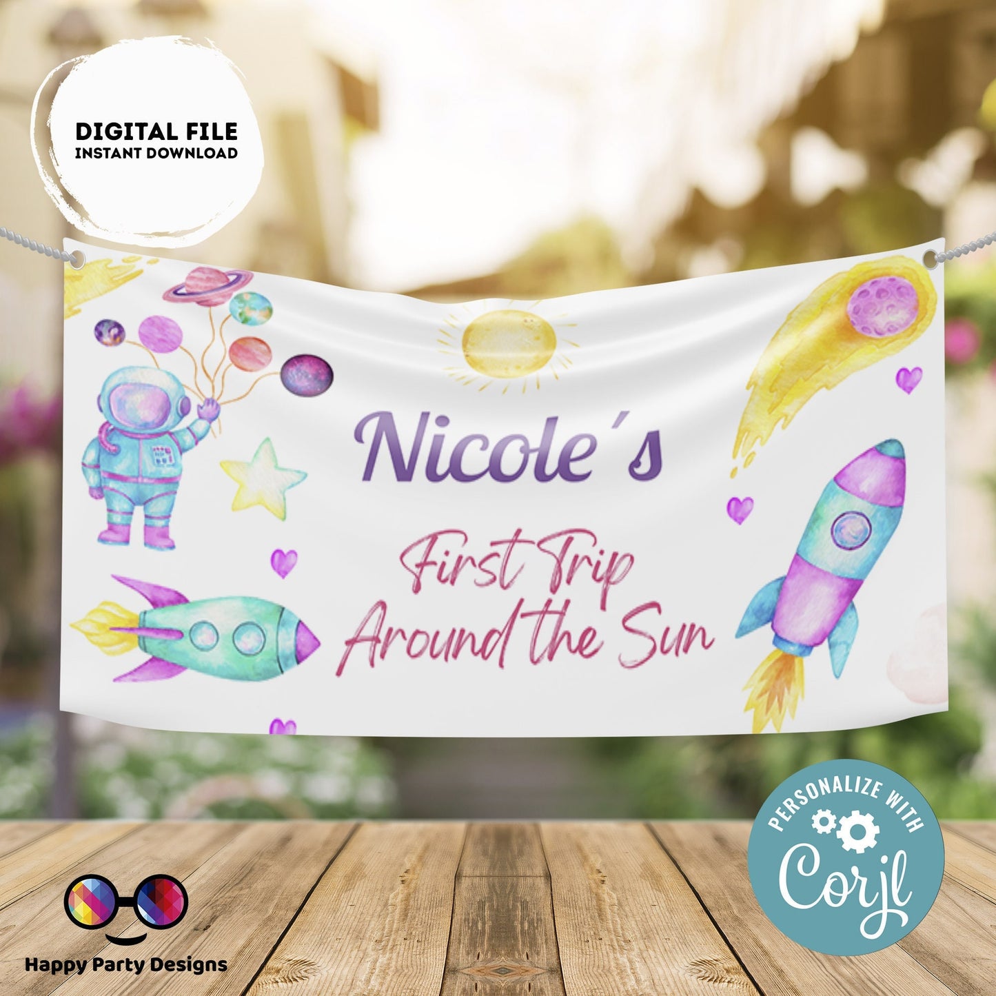 Editable First Trip around the Sun Food Label Blue Backdrop Banner  | Digital Outer Space printable Backdrop Banner | Astronaut decor #K57