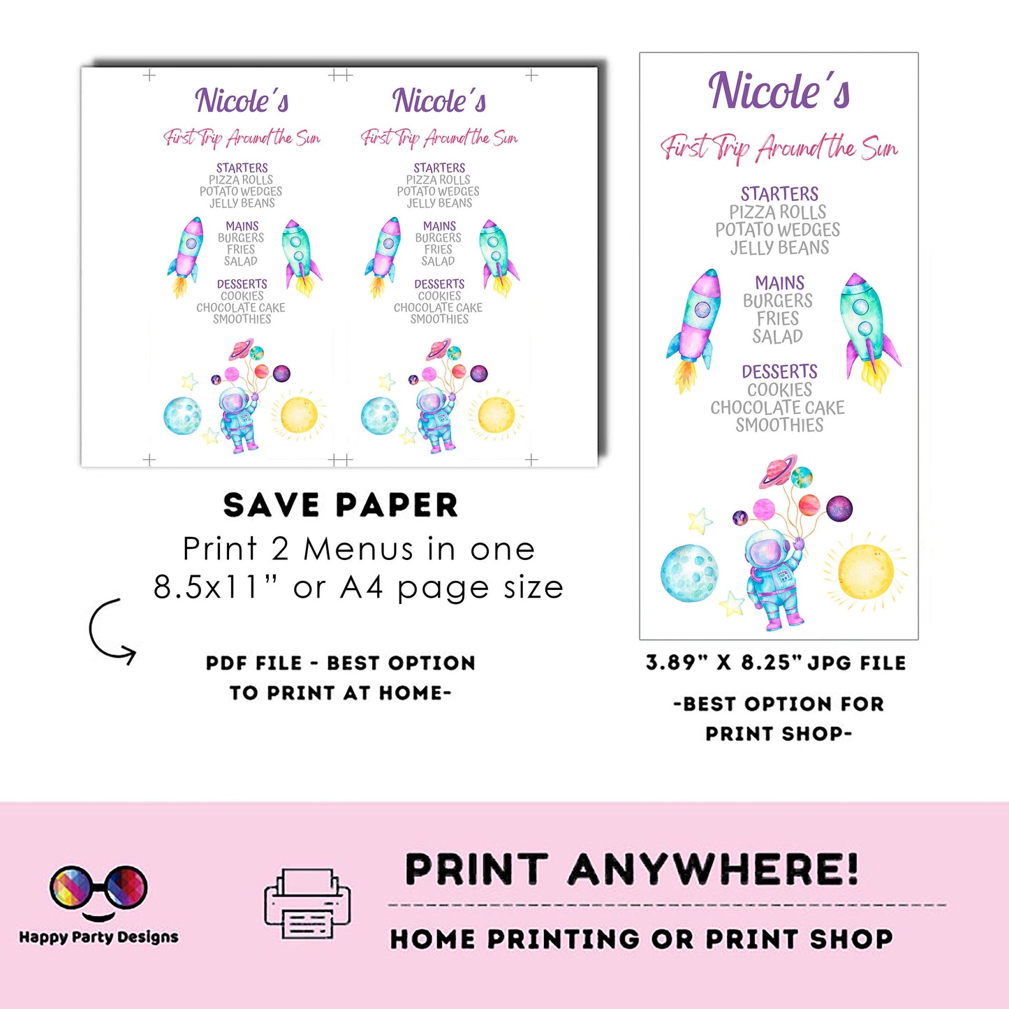 Editable First Trip Around the Sun Party Menu | Digital Outer Space printable menu | Birthday Girl | Astronaut menu | Personalize #K57
