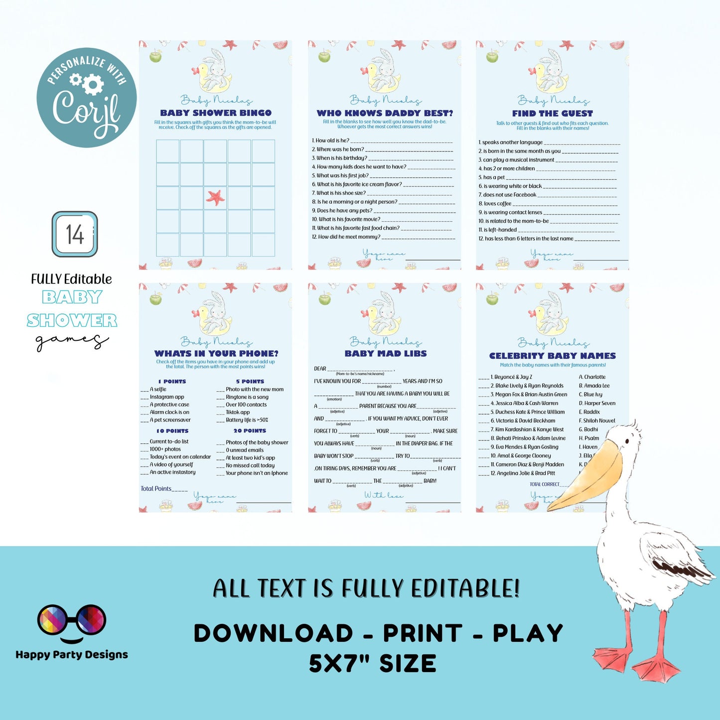 Editable pool baby bash games bundle | Digital pool party baby shower games | Baby boy | Pool baby showery |  Summer baby #B1
