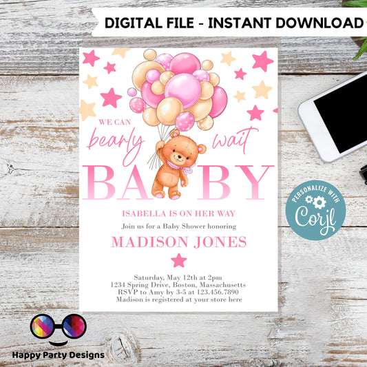 EDITABLE pink Teddy bear baby shower invitation template | teddy bear with balloons Invitation | Baby Shower | girl baby shower #B21