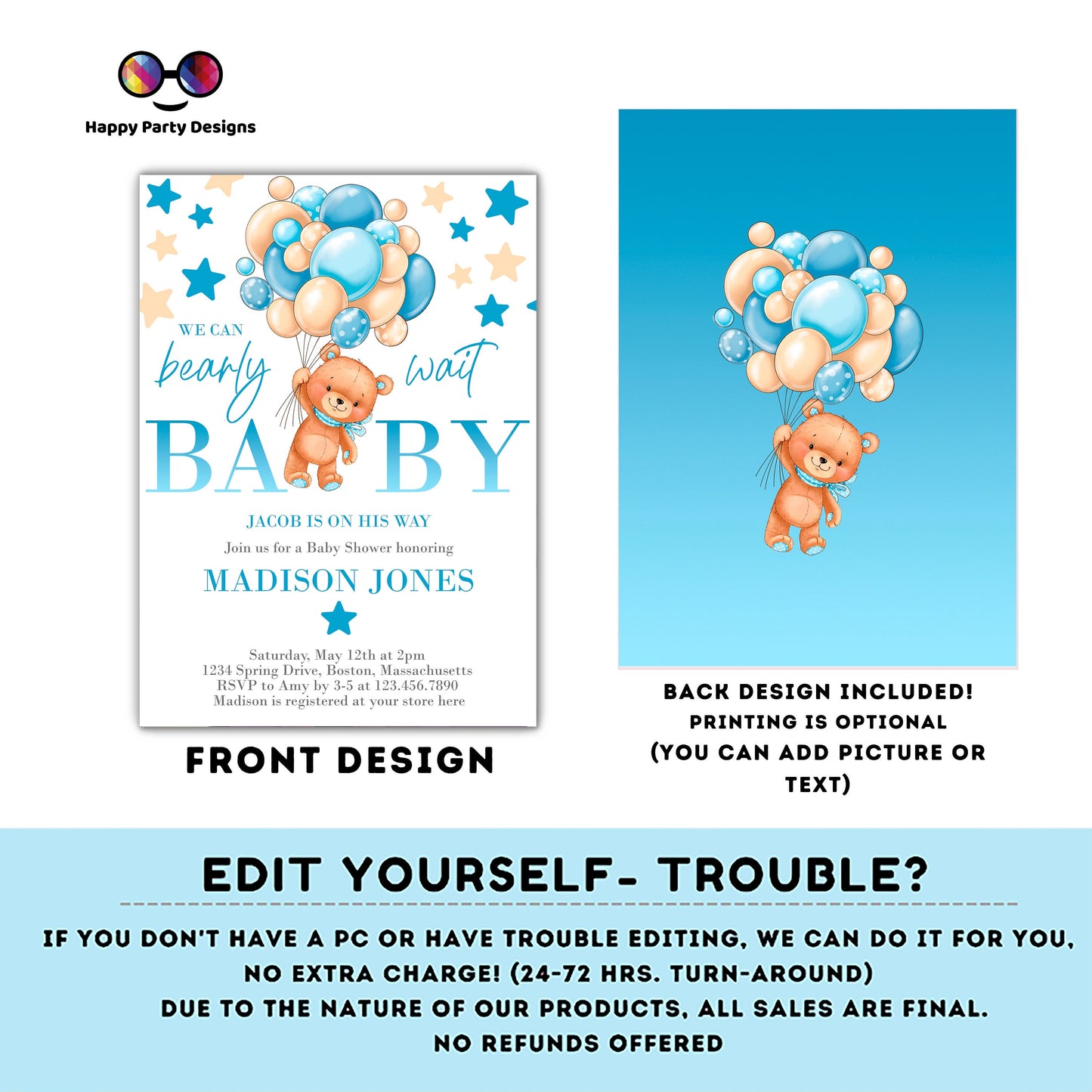 Bearly Wait Baby Shower Invitation | blue Teddy bear baby shower invitation template | teddy bear with balloons Invitation | Shower #B22