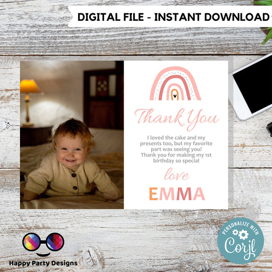 Editable Rainbow Thank You Photo Card | First birthday Rainbow thank you card with picture |Boho birthday |Muted Tone Rainbow Birthday #K19
