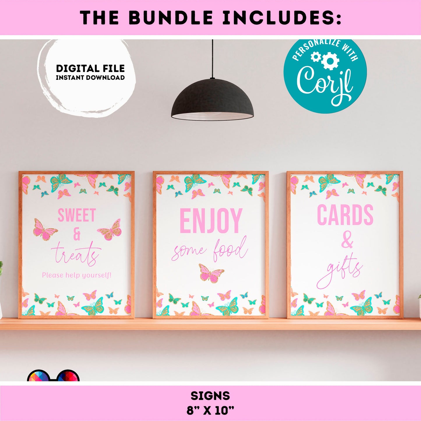 EDITABLE Butterflies invitation bundle | birthday banner, cupcake toppers, thank you tag, sign | girl birthday | Butterfly party #K9