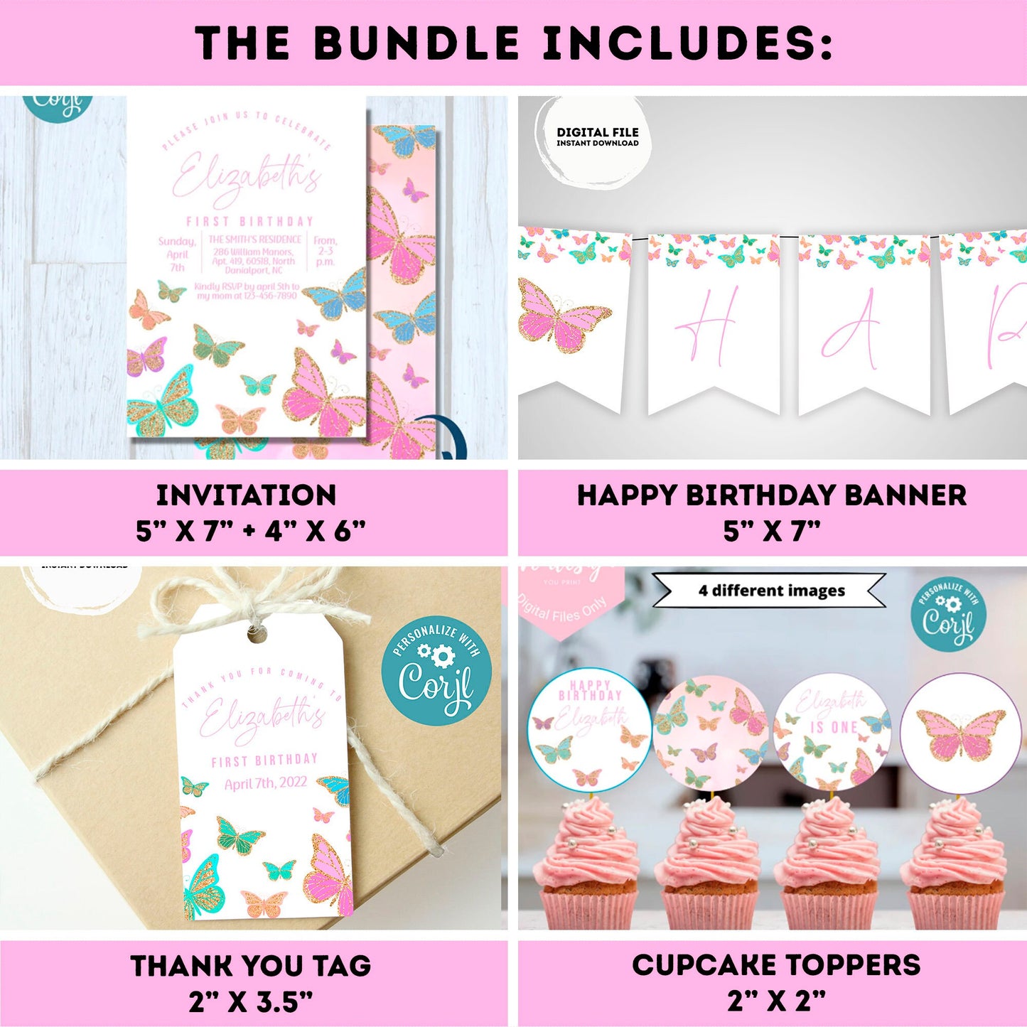 EDITABLE Butterflies invitation bundle | birthday banner, cupcake toppers, thank you tag, sign | girl birthday | Butterfly party #K9