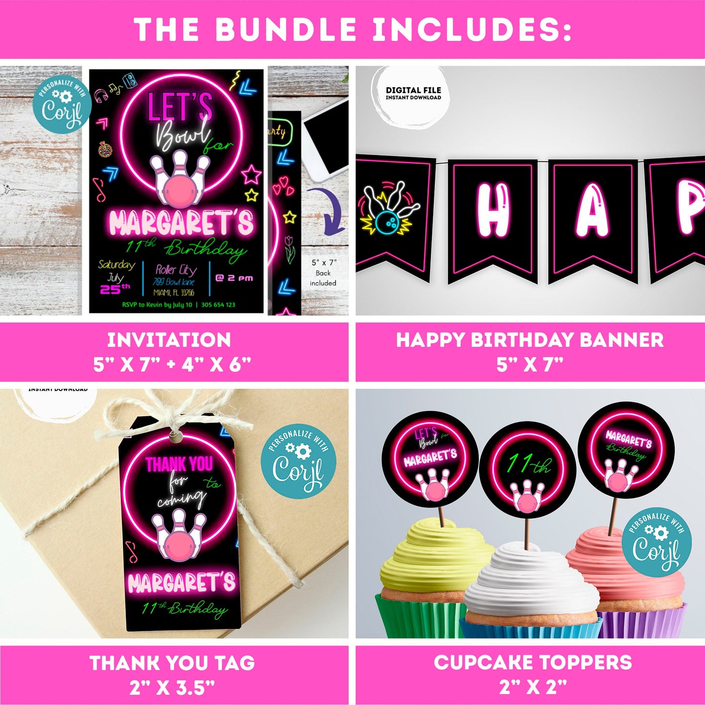 EDITABLE bowling invitation bundle | birthday banner, cupcake toppers, thank you tag, sign | girl birthday | Bowling party | teens party #K3