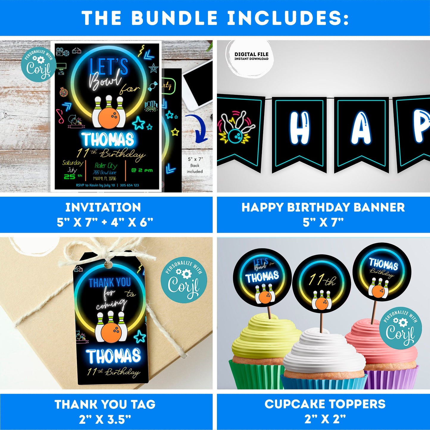 EDITABLE bowling invitation bundle | birthday banner, cupcake toppers, thank you tag, sign | Boy birthday | Bowling party | teens party #K4