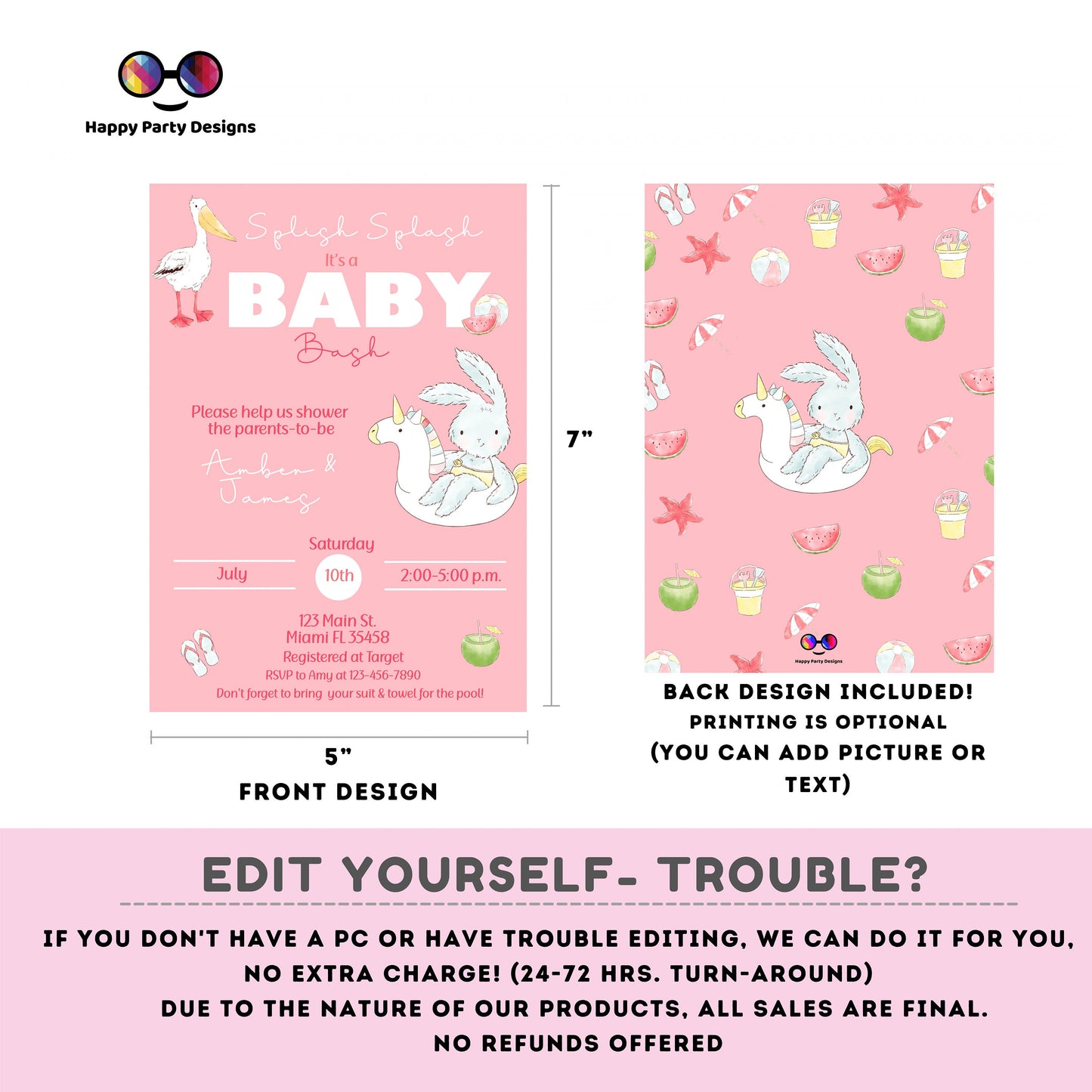 EDITABLE Pool Baby Bash invitation bundle | diaper raffle, books for baby, thank you tag, thank you card| Baby girl | Summer baby shower #B2
