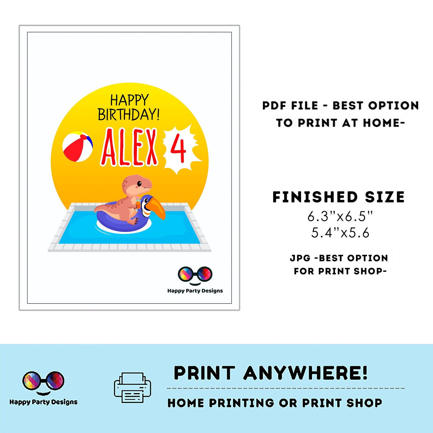 Editable Dinosaur Pool Party Cake Topper |  Dinosaur Pool Party  Birthday Party Cake Topper | Dino Pool Party Cake Topper Centerpieces #K83