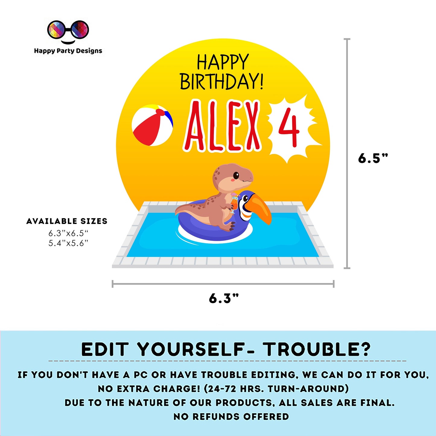 Editable Dinosaur Pool Party Cake Topper |  Dinosaur Pool Party  Birthday Party Cake Topper | Dino Pool Party Cake Topper Centerpieces #K83