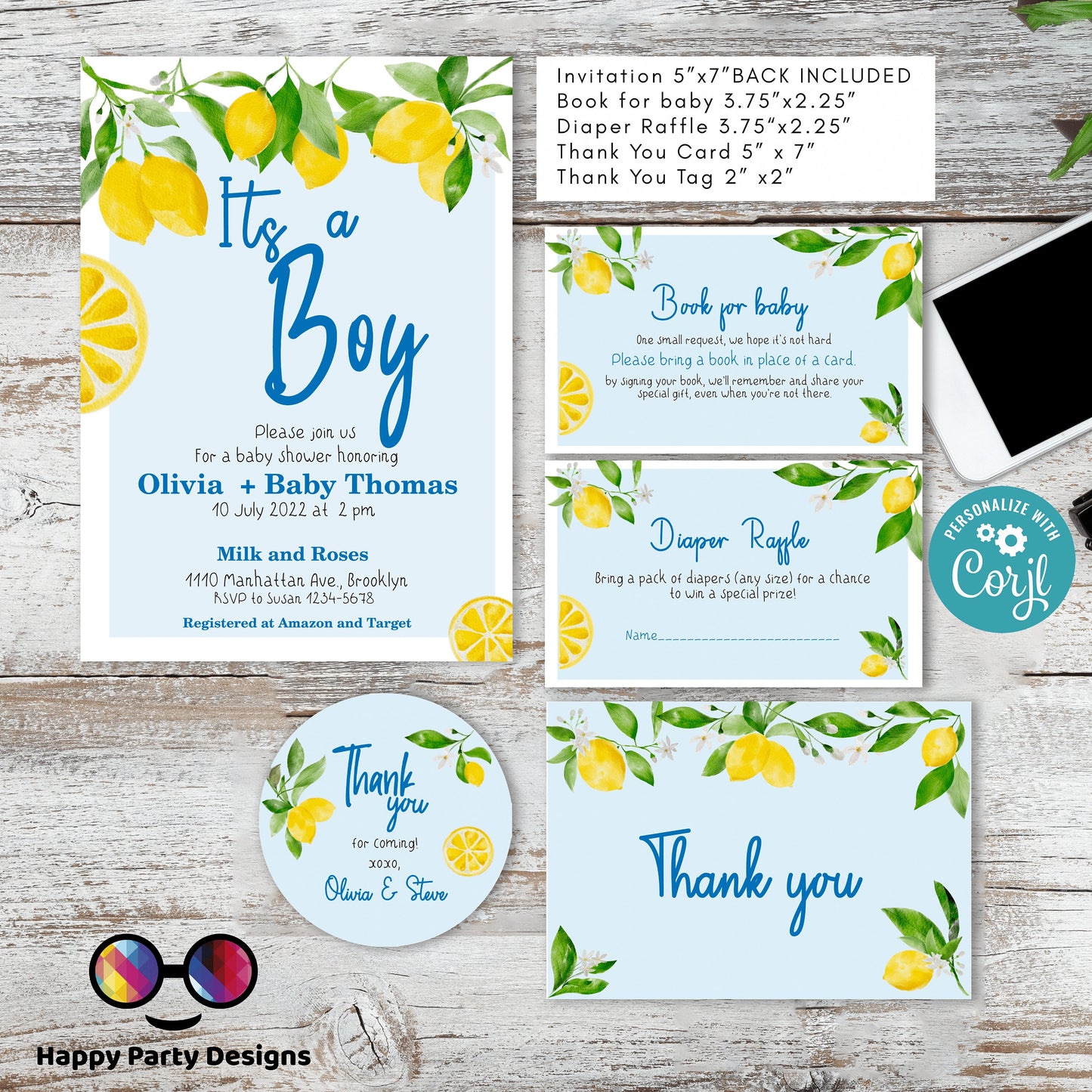 EDITABLE Lemon baby shower invitation bundle | diaper raffle, books for baby, thank you tag, thank you| Baby boy | Summer baby shower #B9