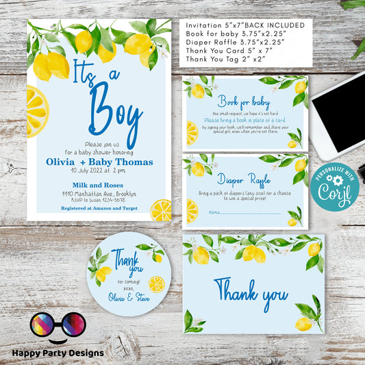 EDITABLE Lemon baby shower invitation bundle | diaper raffle, books for baby, thank you tag, thank you| Baby boy | Summer baby shower #B9