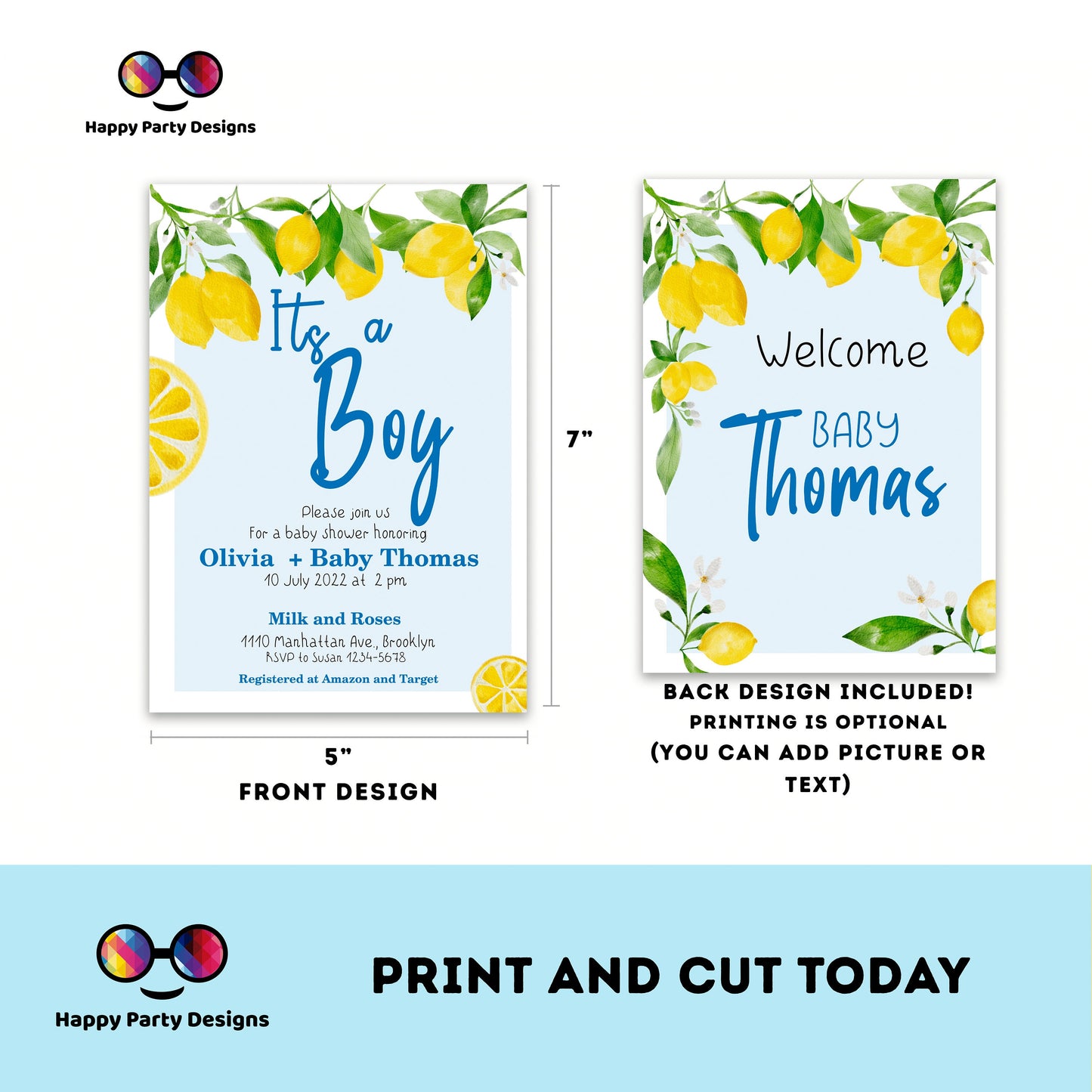 EDITABLE Lemon baby shower invitation bundle | diaper raffle, books for baby, thank you tag, thank you| Baby boy | Summer baby shower #B9