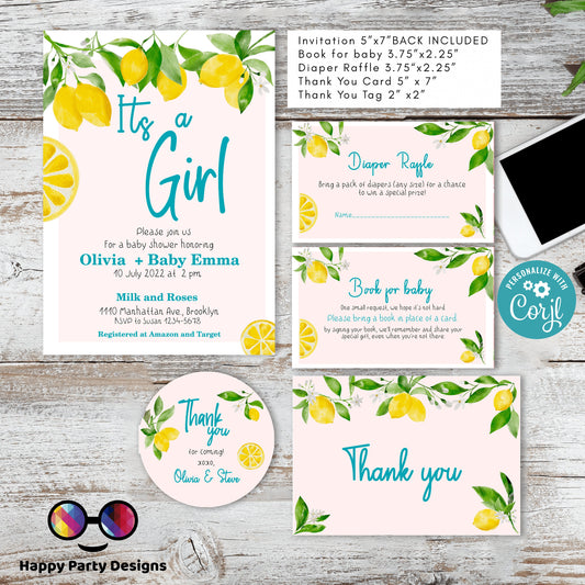 EDITABLE Lemon baby shower invitation bundle | diaper raffle, books for baby, thank you tag, thank you| Baby girl | Summer baby shower #B8