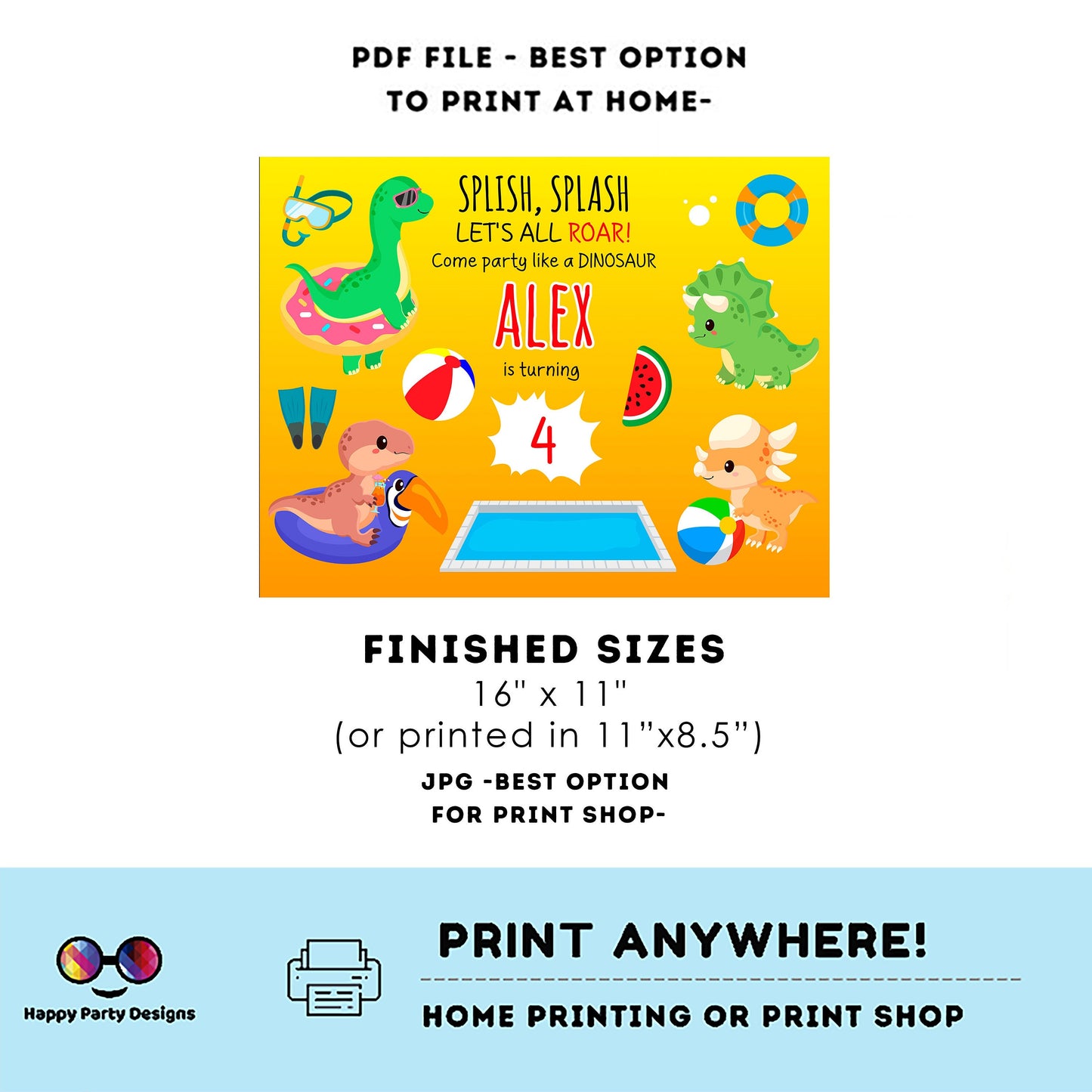 Editable Dinosaur Pool party  placemat | Digital Dinosaur Pool Party printable placemat  | Dino Pool party placemat Personalize Online #K83