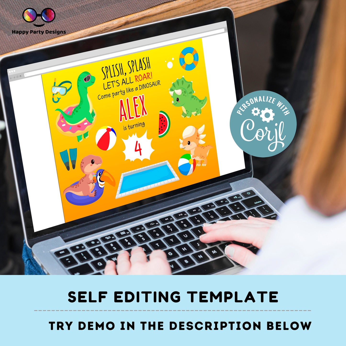 Editable Dinosaur Pool party  placemat | Digital Dinosaur Pool Party printable placemat  | Dino Pool party placemat Personalize Online #K83