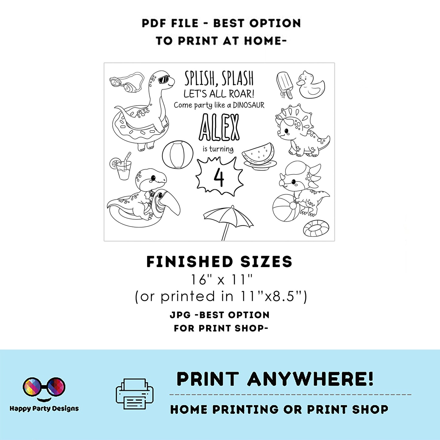 Editable Dinosaur Pool party coloring page | Digital Dinosaur Pool Party printable placemat  | Placemat coloring page Any Age activity #K83
