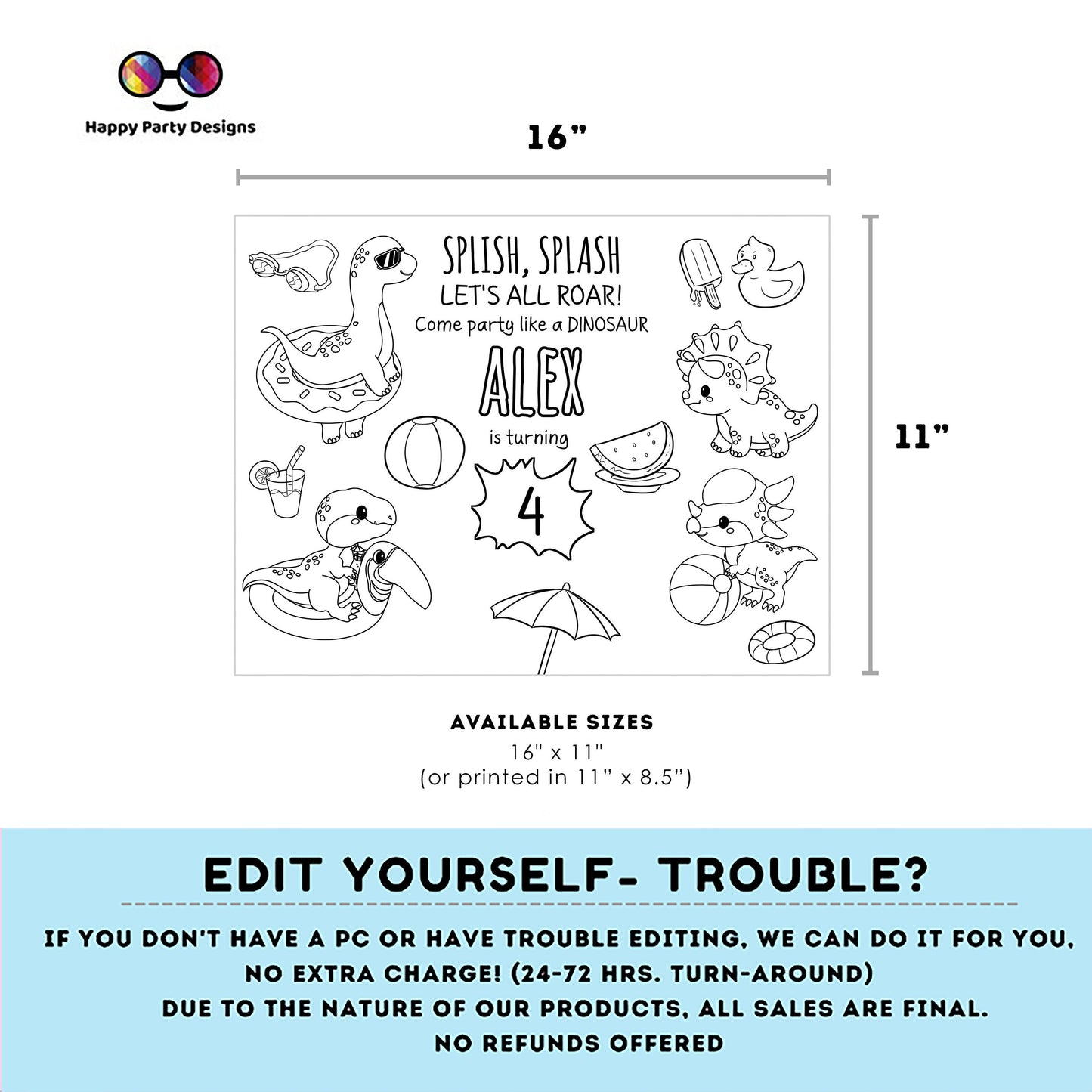 Editable Dinosaur Pool party coloring page | Digital Dinosaur Pool Party printable placemat  | Placemat coloring page Any Age activity #K83