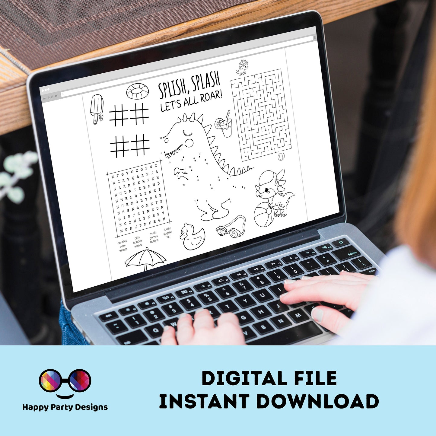 INSTANT DOWNLOAD Dinosaur Pool party coloring page | Dinosaur Pool party Activity games | Dinosaur Activity Page Dinosaur Placemat #K83