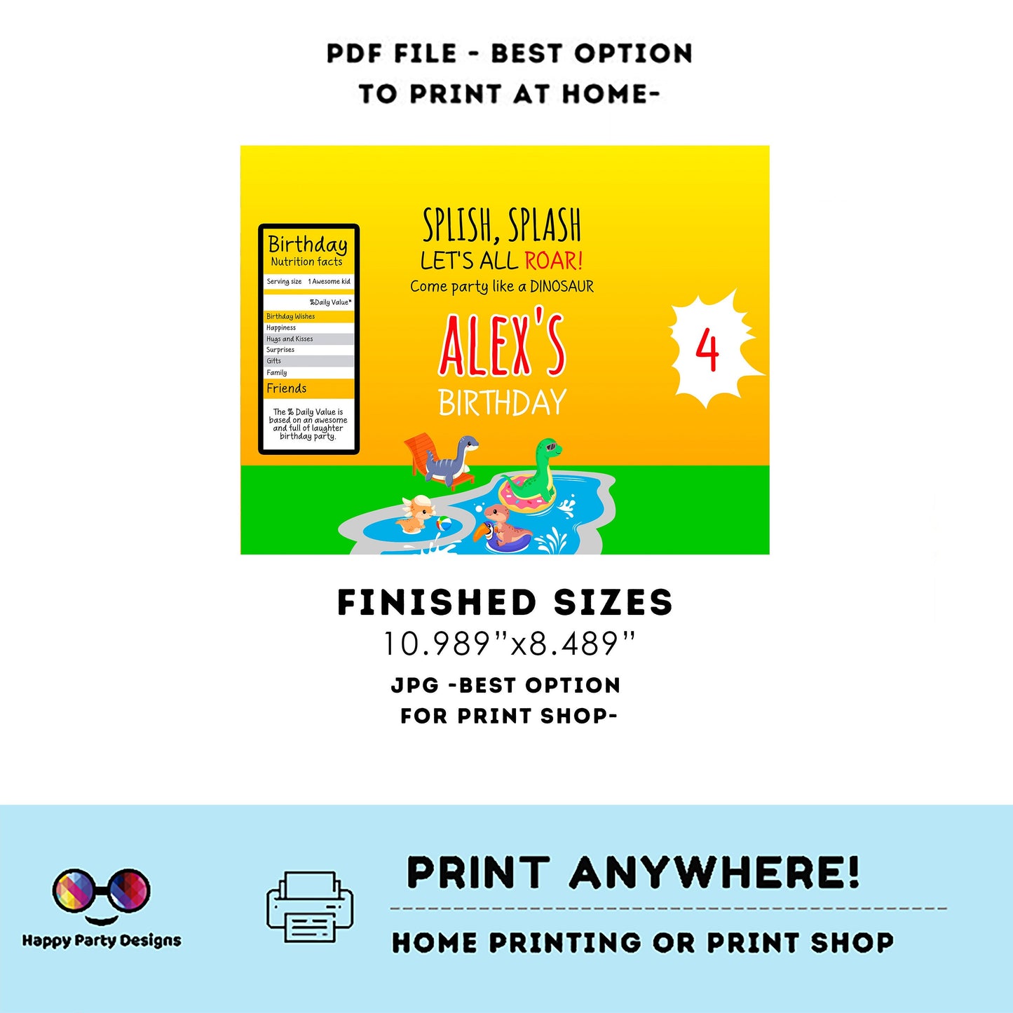 Editable Dinosaur Pool Party Chip Bag | Digital Dinosaur Pool Party printable Chip Bag | Party Snack Dinosaur Pool Party Personalized  #K83