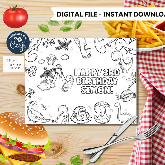 Editable Baby Dino coloring page | Placemat coloring page | Any Age | Dinosaur birthday | Dinosaur Party Activity | bag filler