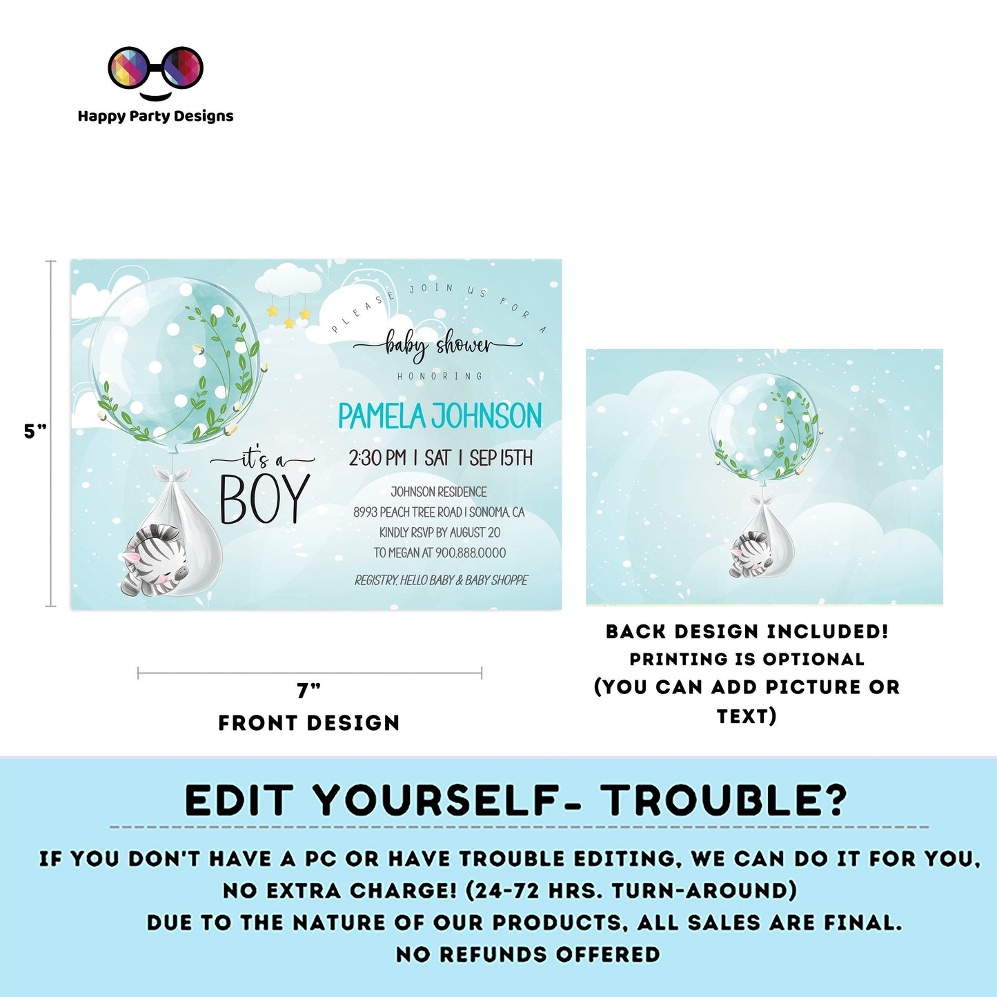 EDITABLE Baby zebra shower invitation bundle | diaper raffle, books for baby, thank you tag, thank you card | safari baby boy | #B23