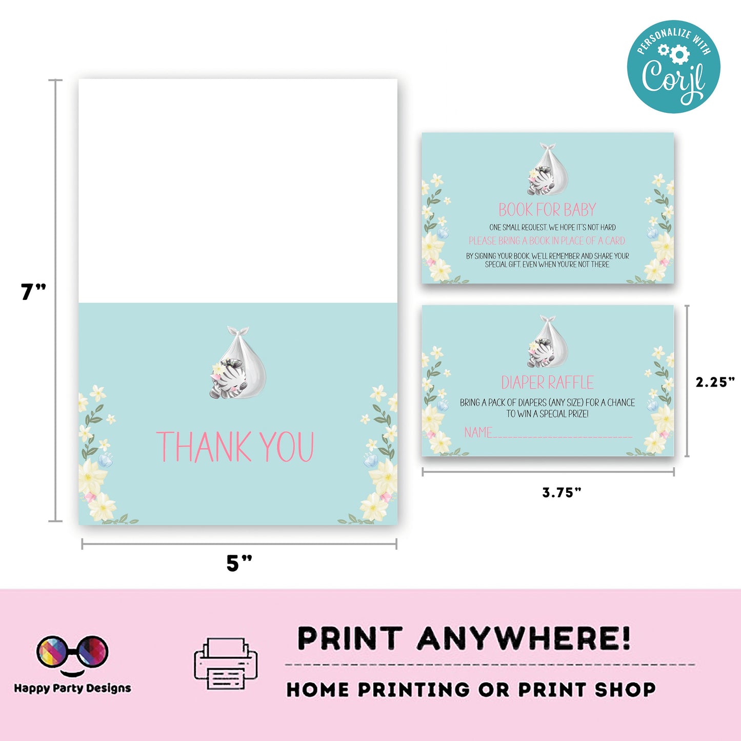 EDITABLE Baby zebra shower invitation bundle | diaper raffle, books for baby, thank you tag, thank you card | safari baby girl | #B24