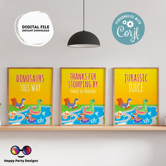 Editable Dinosaur Pool Party Signs (3)  | Dinosaur birthday | Girl | Boy | Dinosaur buffet Sign Sign | Dinosaur pool party Sign #K83
