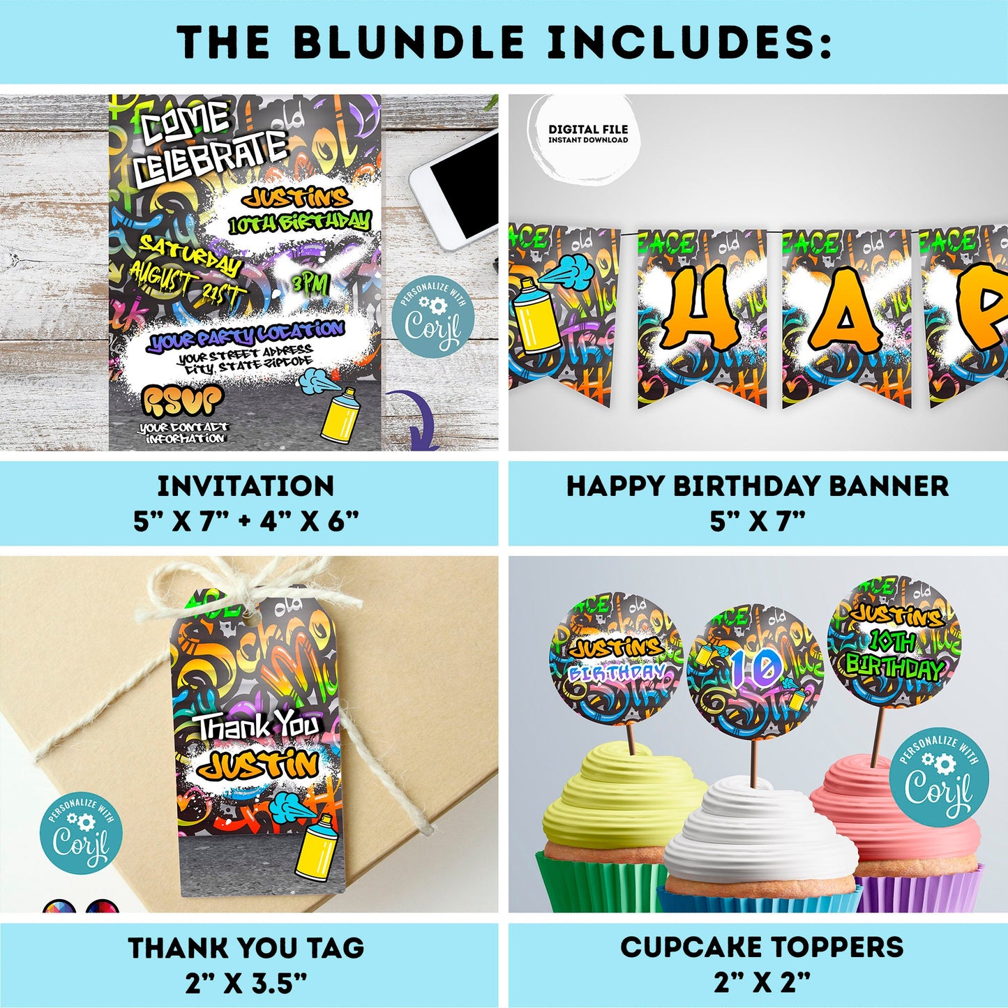 EDITABLE graffiti invitation bundle | birthday banner, cupcake toppers, thank you tag, sign | girl birthday | 90's party | teens party #K1