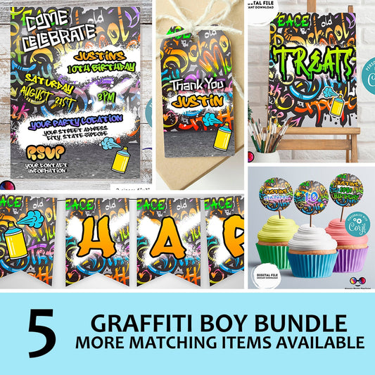 EDITABLE graffiti invitation bundle | birthday banner, cupcake toppers, thank you tag, sign | girl birthday | 90's party | teens party #K1