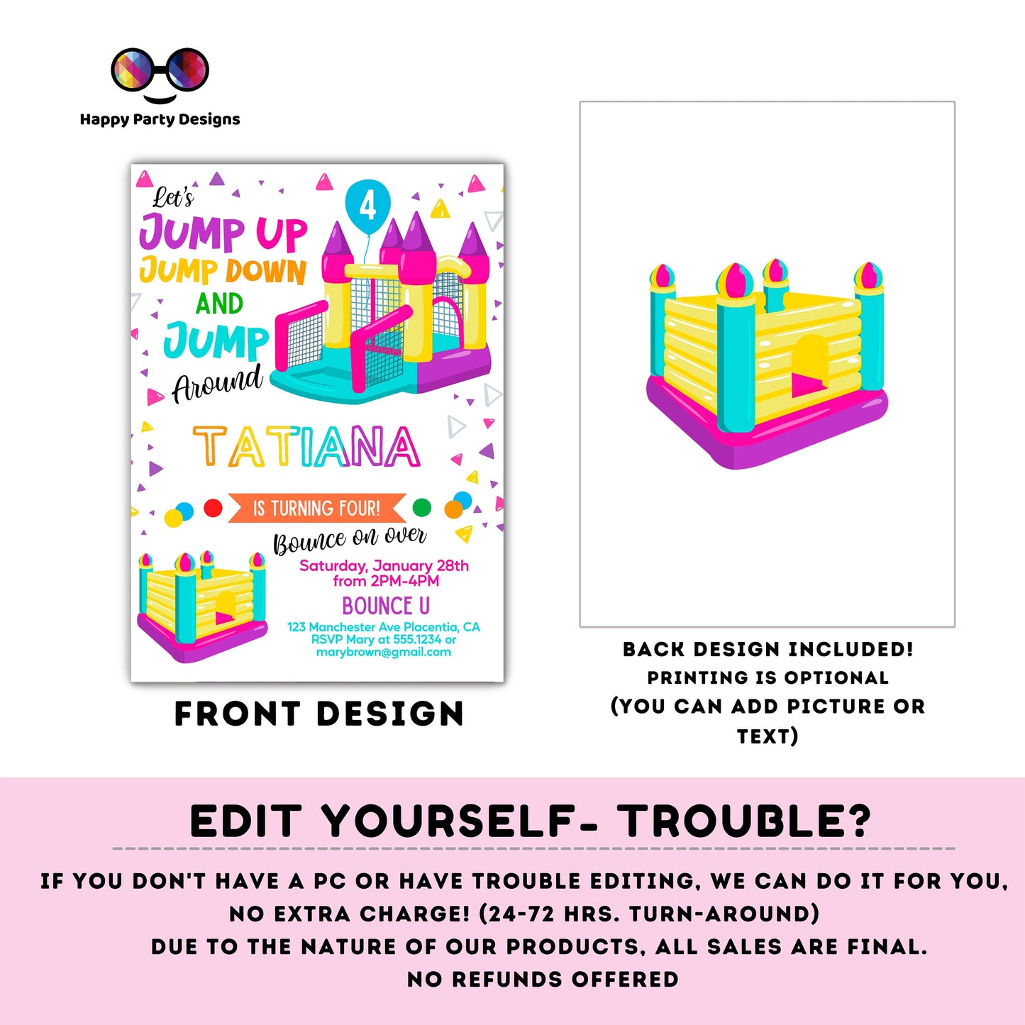 Editable Bounce House invitation | Digital Bounce House invite | Birthday Girl | Birthday Party Invitation | Personalize Online #K86