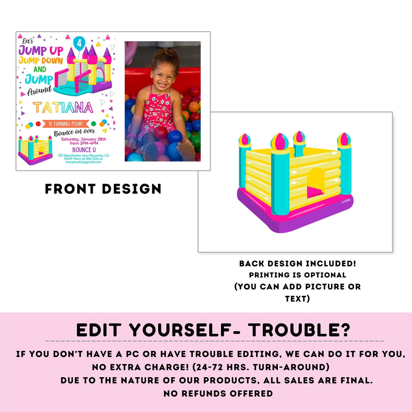 Bounce House photo invitation | Digital Bounce House invite | Birthday Girl | Birthday Party Invitation | Editable Online #K86